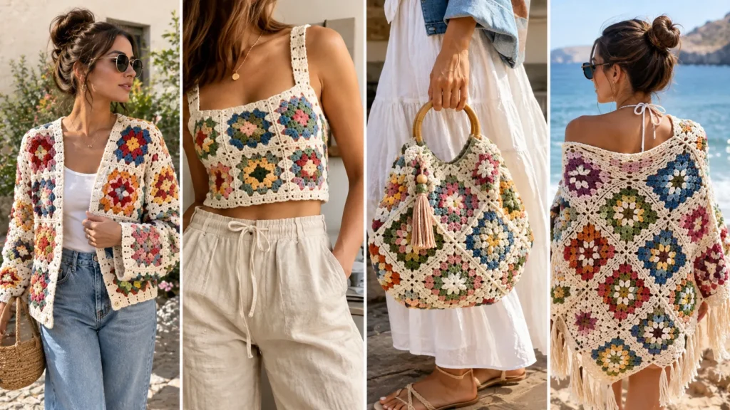 goooood, now give me image for: Granny Square Wearable , but no text just the best quality and realist image format 16:9