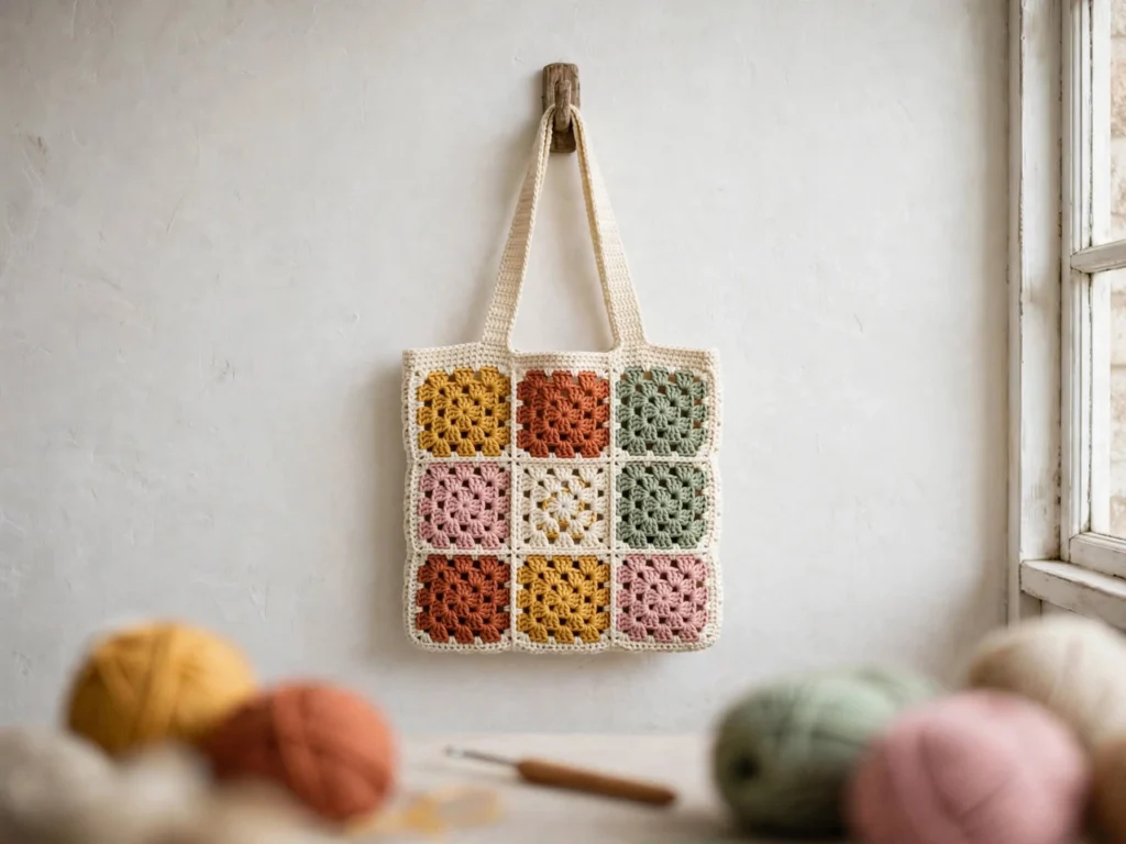 Free crochet classic granny square bag with colorful cotton squares and two straps