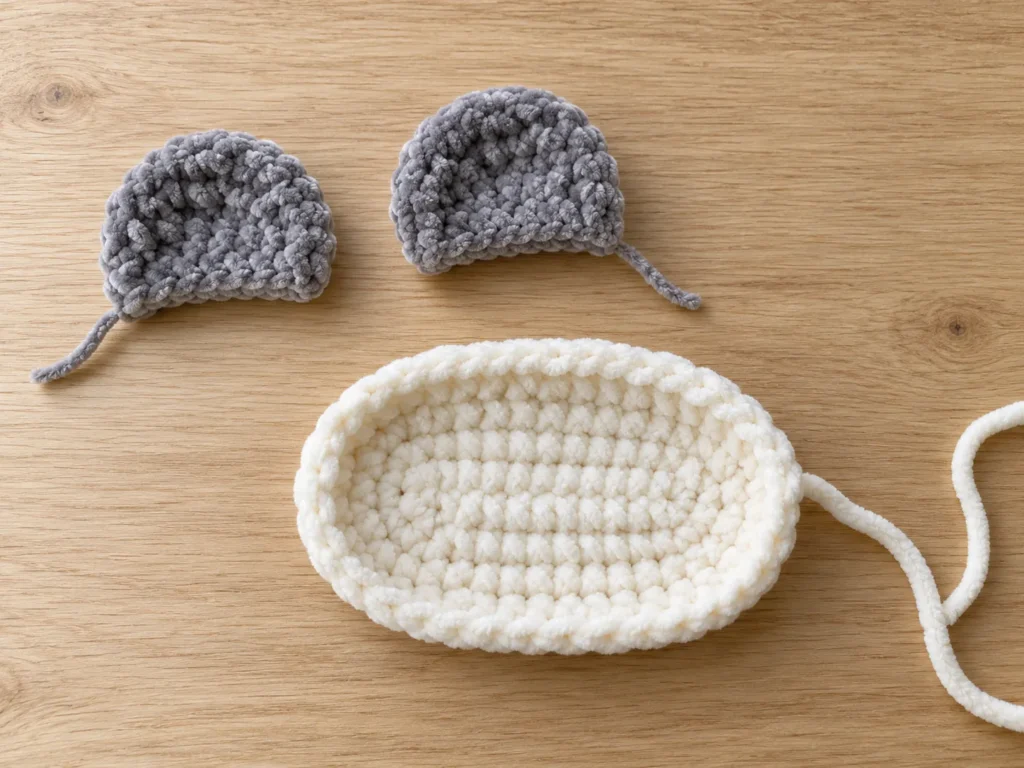 Illustrative view of two gray crochet panda ears beside a cream oval head foundation.