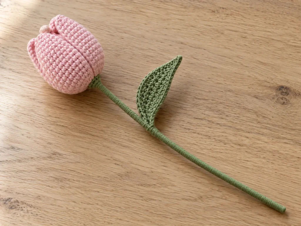 Pink crochet tulip on a green yarn-wrapped stem with one tapered leaf attached below the flower head.