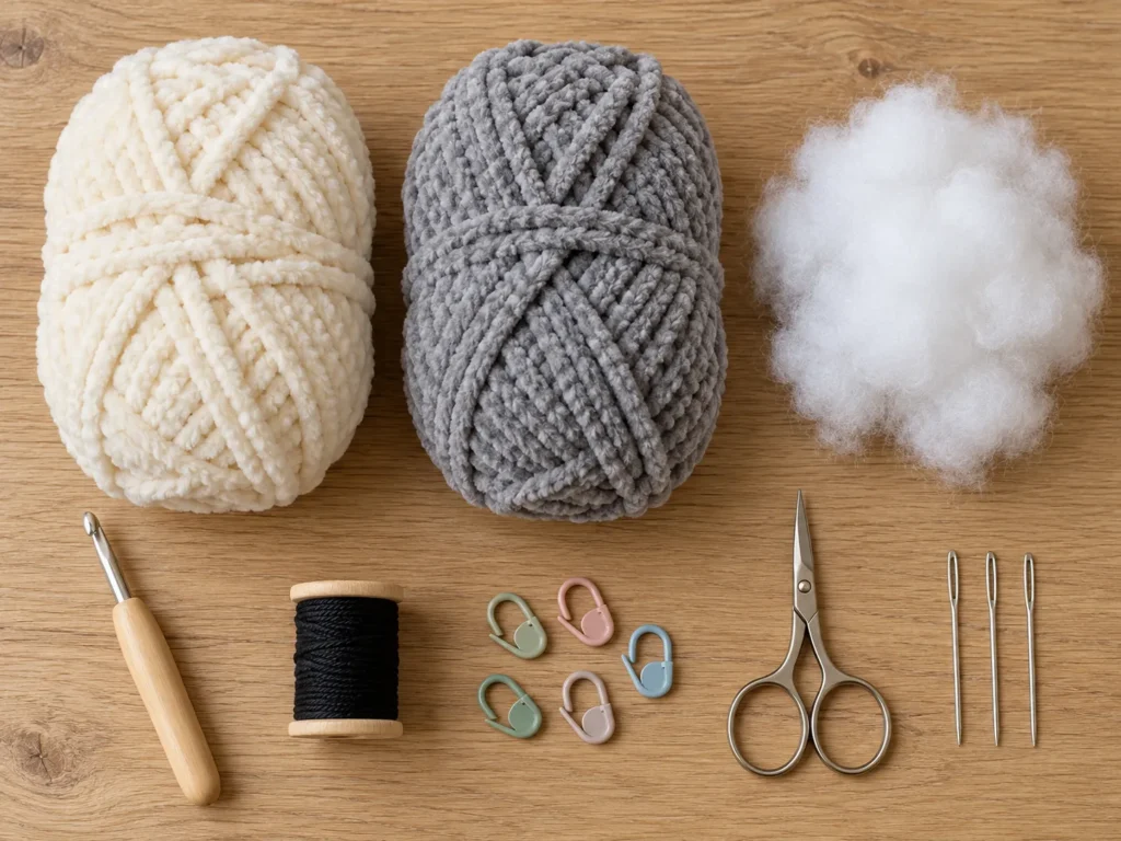 Cream and gray chenille yarn, crochet hook, black embroidery yarn, fiberfill, stitch markers, scissors, and sewing needles on a wooden surface.