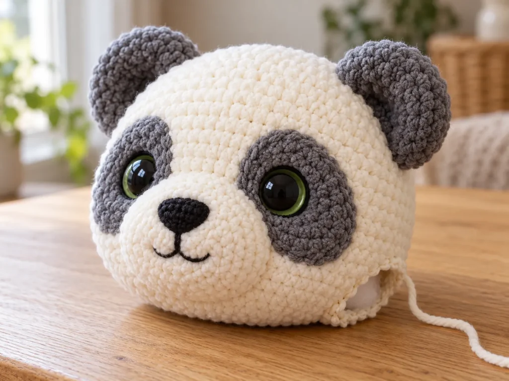 Illustrative close-up of a crochet panda head with gray ears, eye patches, and an unfinished opening before closure.