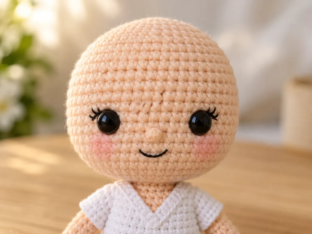 Close-up of a crochet nurse’s face with evenly positioned black eyes, a small embroidered nose, delicate eyelashes, and softly pink cheeks.