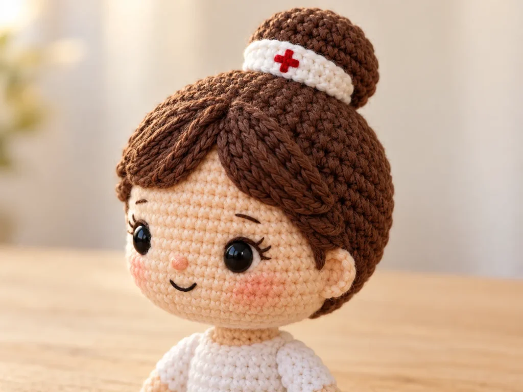 Crochet nurse head with a fitted brown hair cap, rounded bun, and white decorative band, shown from a three-quarter angle.
