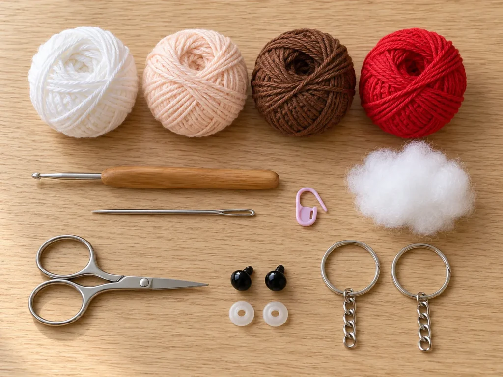 Nurse Keychain Crochet Pattern  supplies, including white, skin-tone, brown, and red yarn, a crochet hook, needle, stuffing, stitch marker, safety eyes, scissors, and metal keyrings.