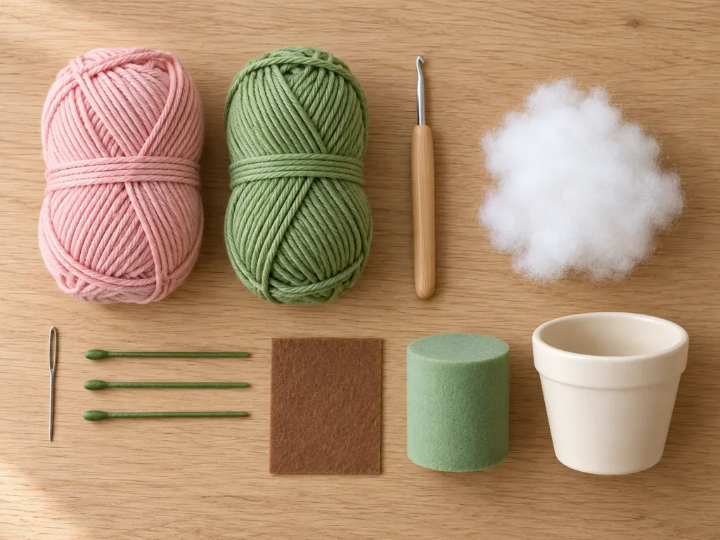 Materials for a crochet tulip flower pot, including pink and green yarn, crochet hook, fiberfill, yarn needle, floral stems, felt, foam insert, and cream pot.