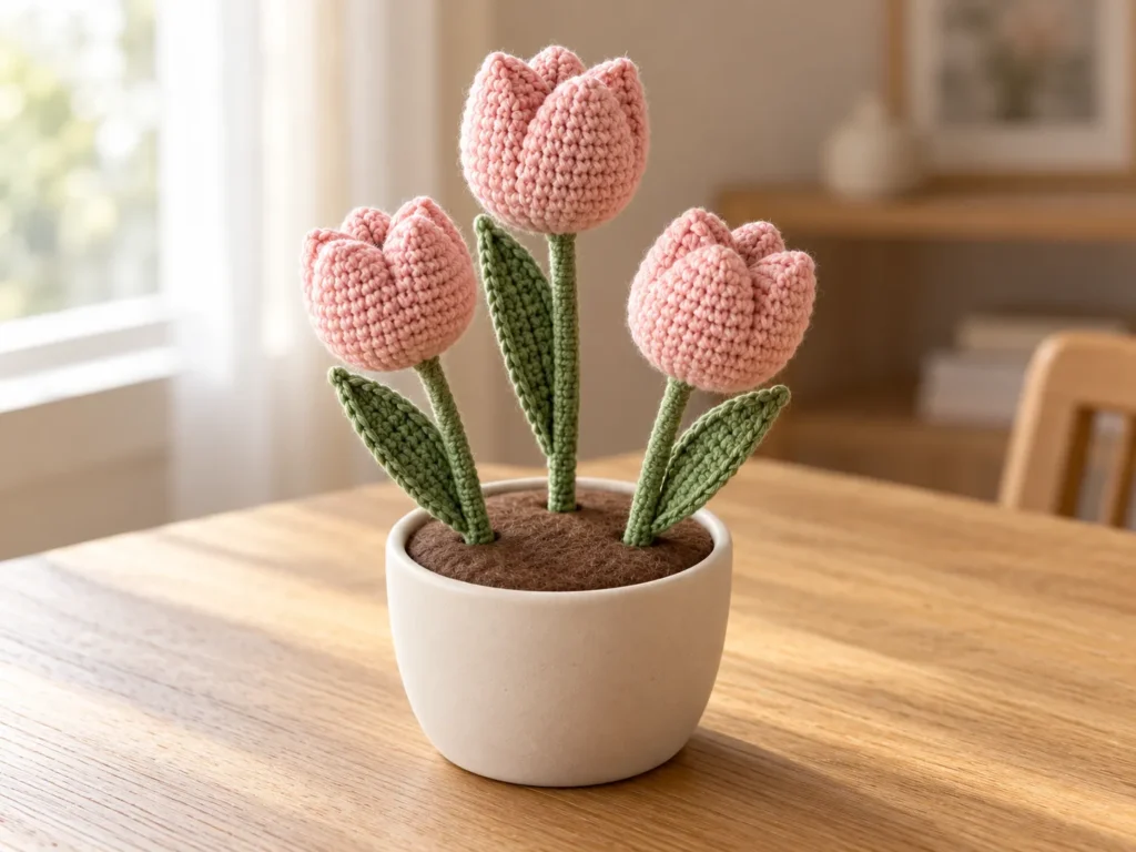 Finished crochet tulip flower pot with three blush pink flowers, green leaves, and a brown felt surface inside a cream ceramic container.