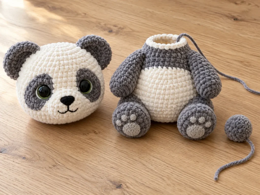 Illustrative view of a crochet panda’s completed head, stuffed body with attached limbs, and separate gray tail before final assembly.