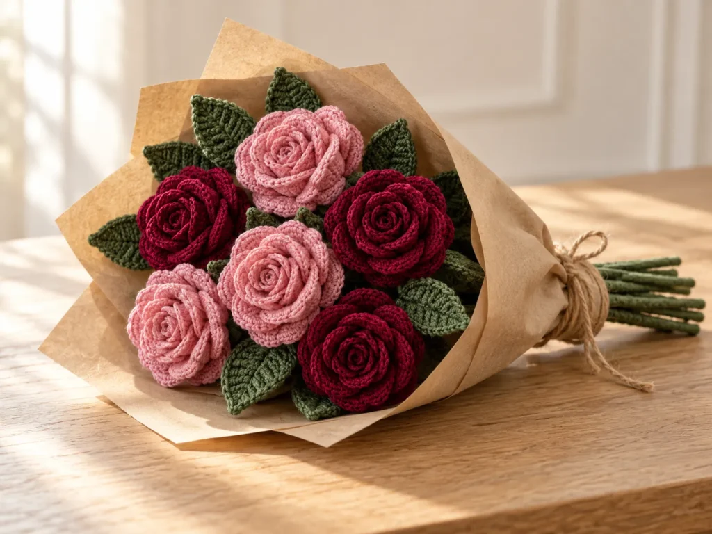 Dusty pink and burgundy crochet roses with green leaves, wrapped in kraft paper and tied with twine.