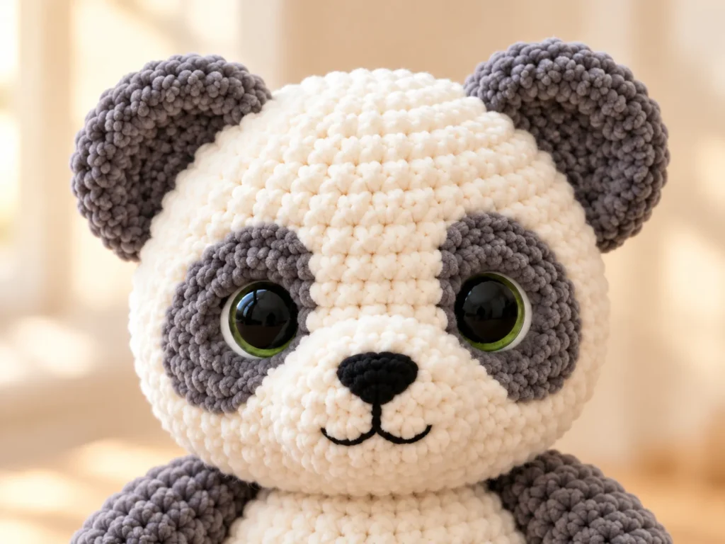 Illustrative close-up of a crochet baby panda’s rounded cheeks, green eyes, and embroidered mouth.