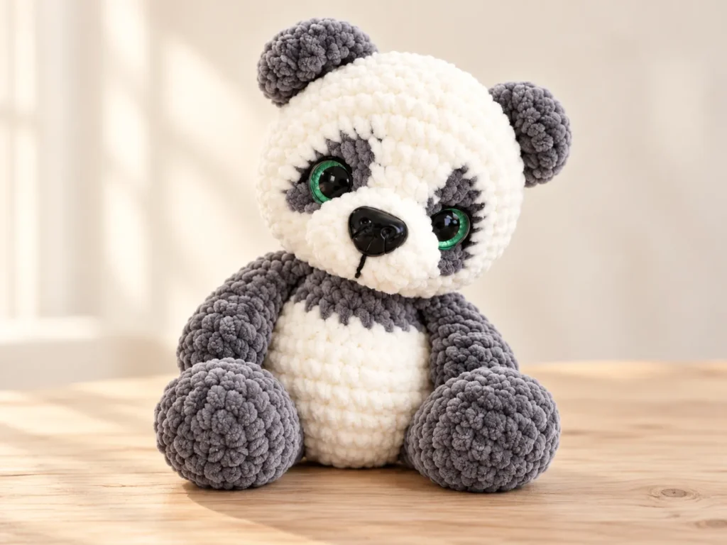 Finished cream and gray crochet baby panda with green eyes, rounded cheeks, and plush paws seated on a wooden tabletop.