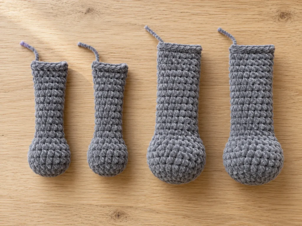 Illustrative view of two gray crochet panda arms and two larger legs arranged in pairs, with flattened attachment edges.