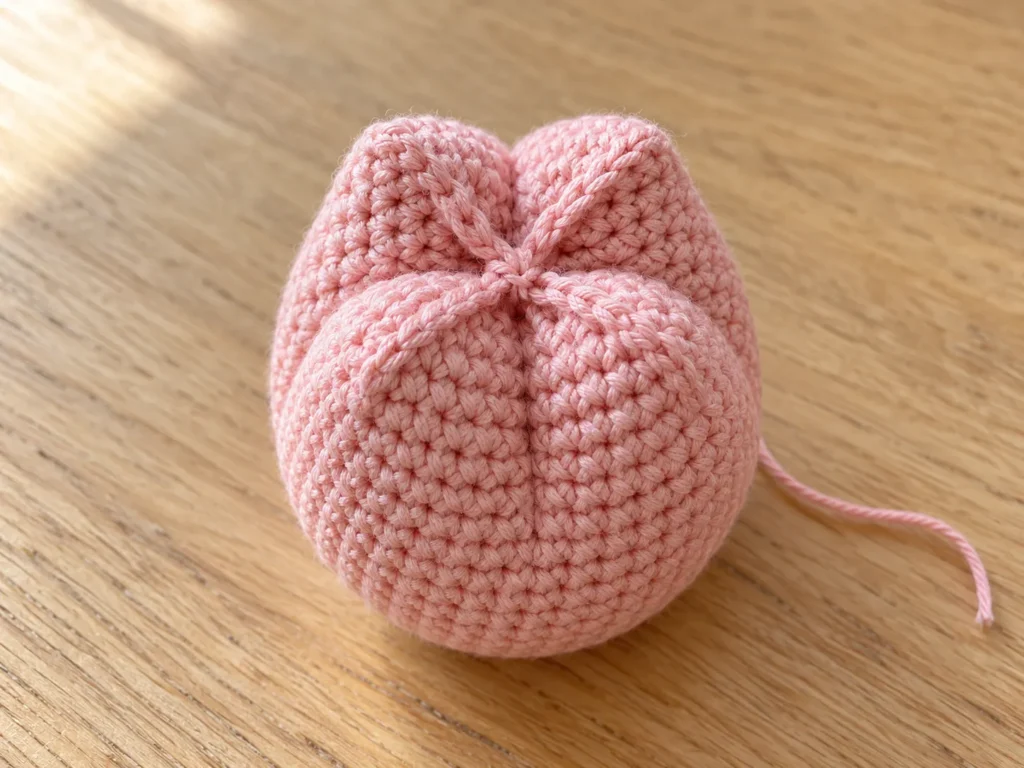 Close-up of a stuffed pink crochet tulip head with four points of the upper rim joined at the center.