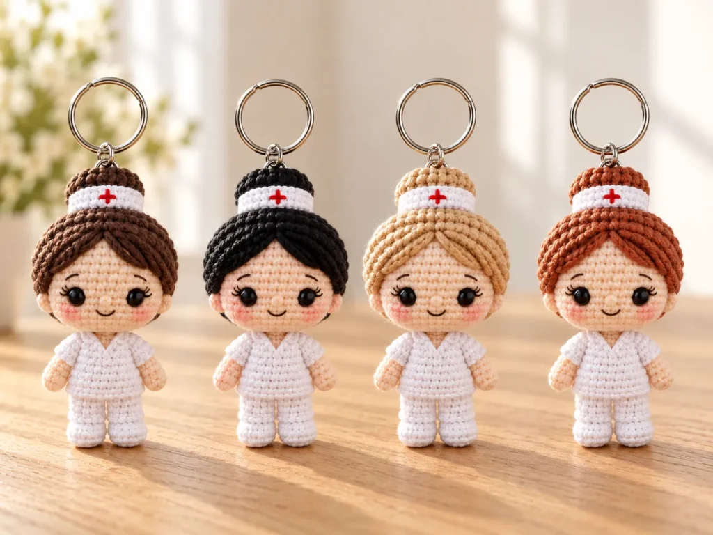 Four crochet nurse keychains in matching white uniforms with brown, black, blonde, and copper hair.