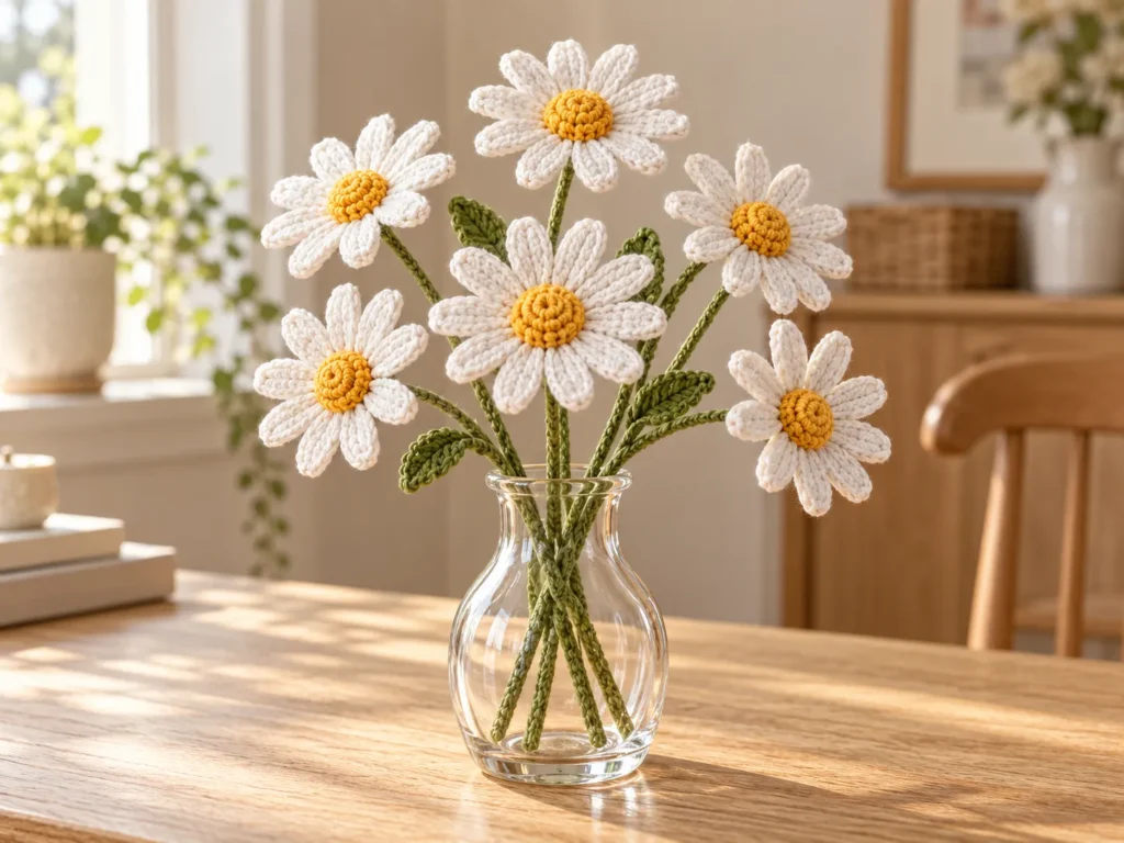 White crochet daisies with yellow centers and green stems arranged loosely in a small clear glass vase.