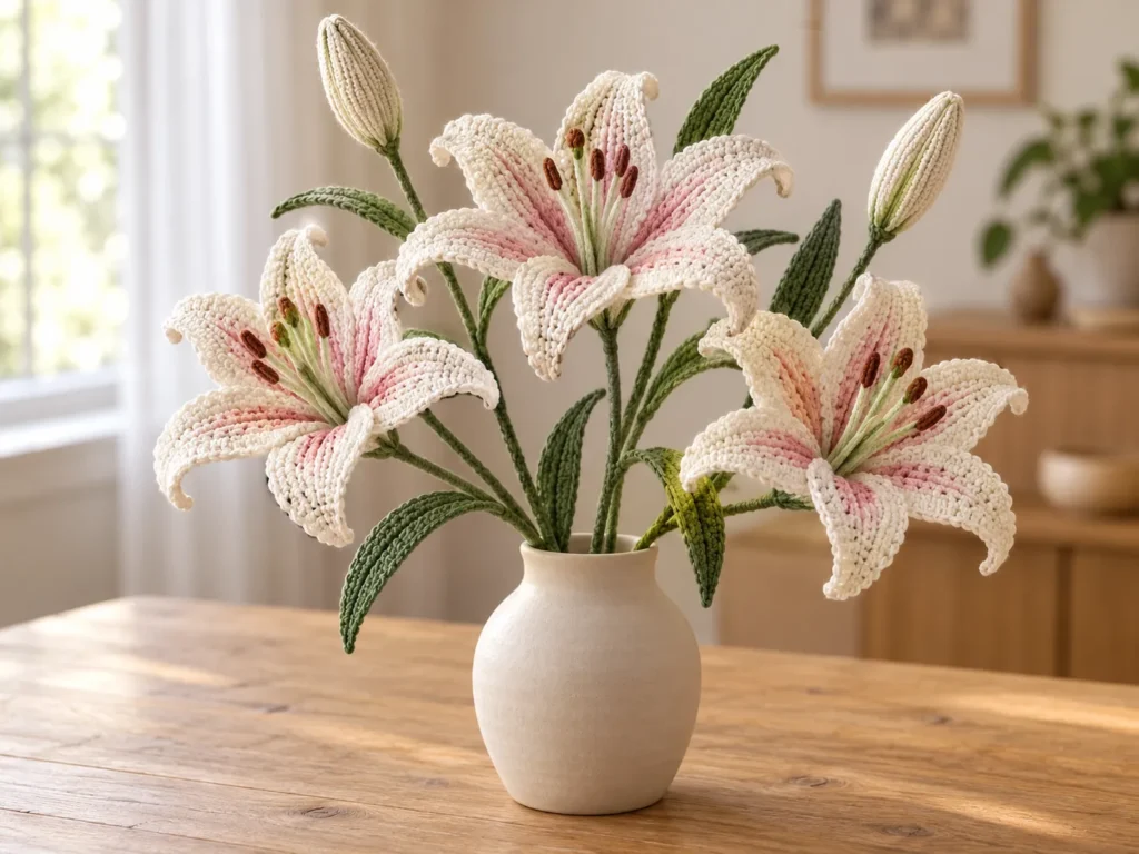Cream crochet lily bouquet with pale pink petals, green leaves, and closed buds in a simple ceramic vase.