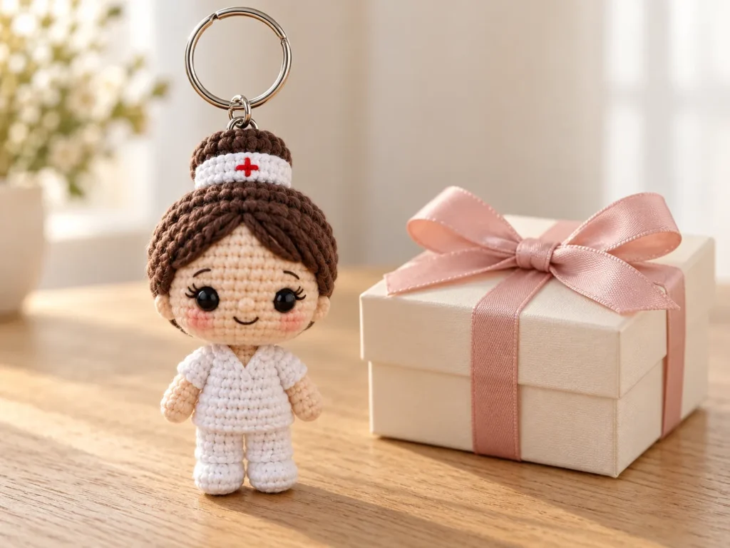 Finished crochet nurse keychain with a silver ring above its brown bun, beside a cream gift box tied with a pink ribbon.