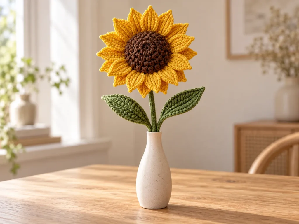 Golden yellow crochet sunflower with a textured brown center and green leaves in a narrow cream ceramic vase.