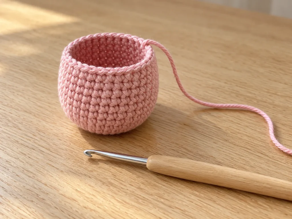 Blush pink crocheted tulip cup with an open top, rounded base, and long sewing tail beside a crochet hook.