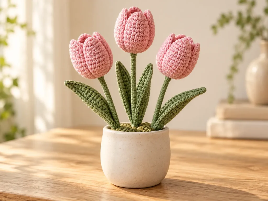 Three blush pink crochet tulips with green leaves in a small cream-colored pot.
