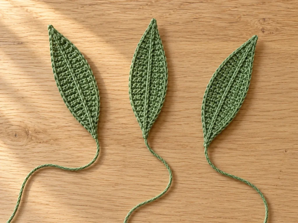 Three green crochet tulip leaves with tapered ends, wider centers, and long attachment tails laid flat on a wooden table.