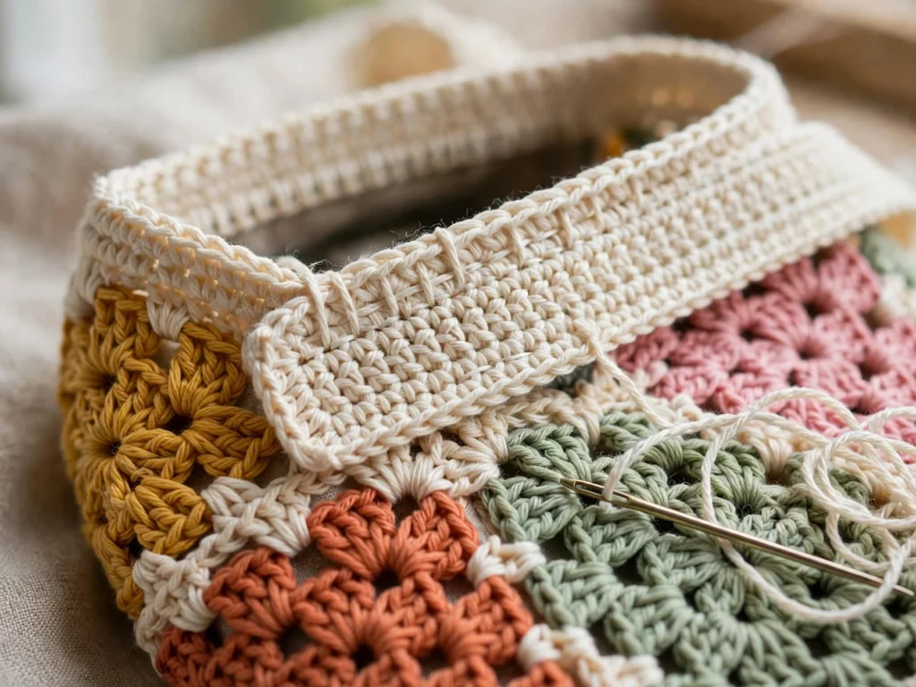Close-up of a crochet strap sewn onto the top edge of a classic granny square bag