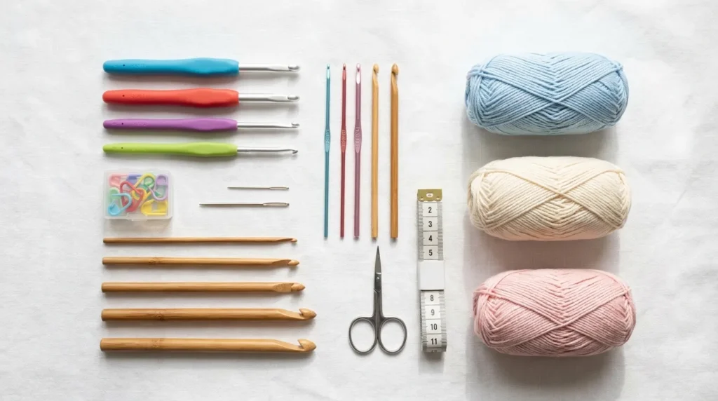 beginner crochet tools and materials laid out on a table