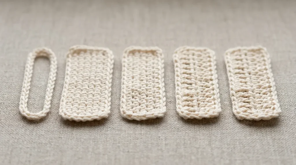 five basic crochet stitches shown side by side