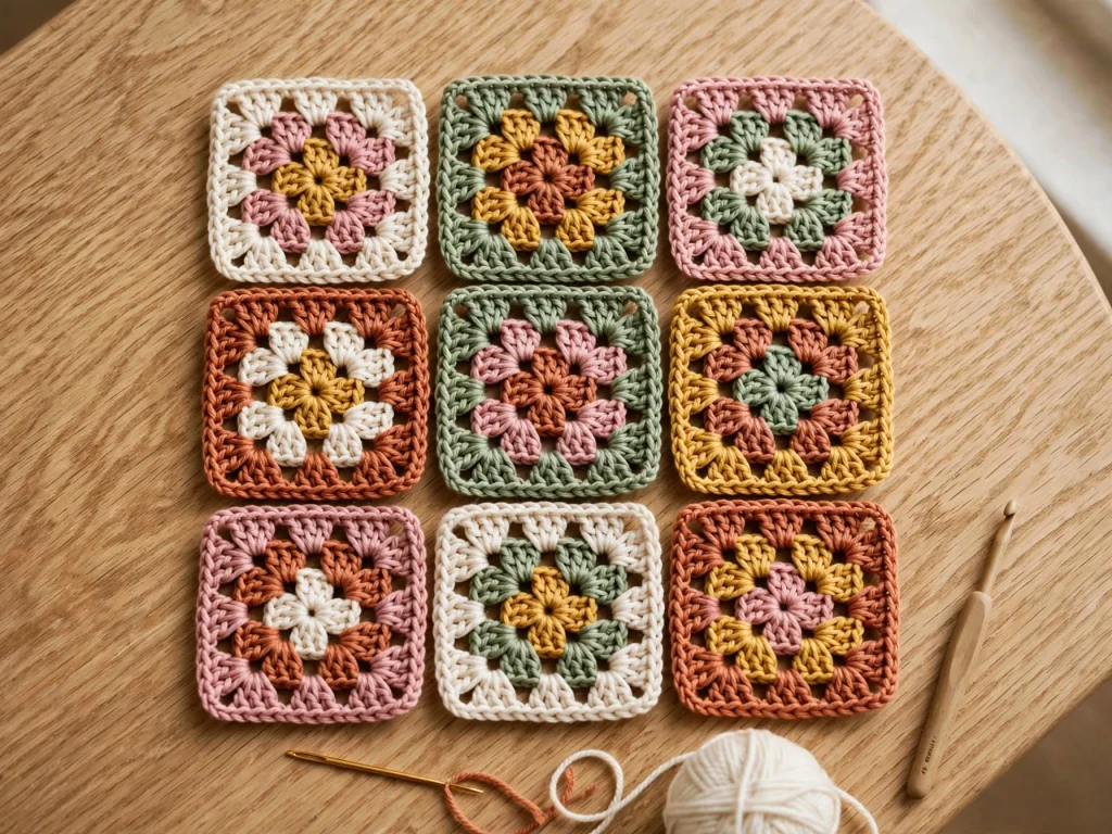 Nine crochet granny squares laid out in a 3 x 3 grid before joining for the classic granny square bag
