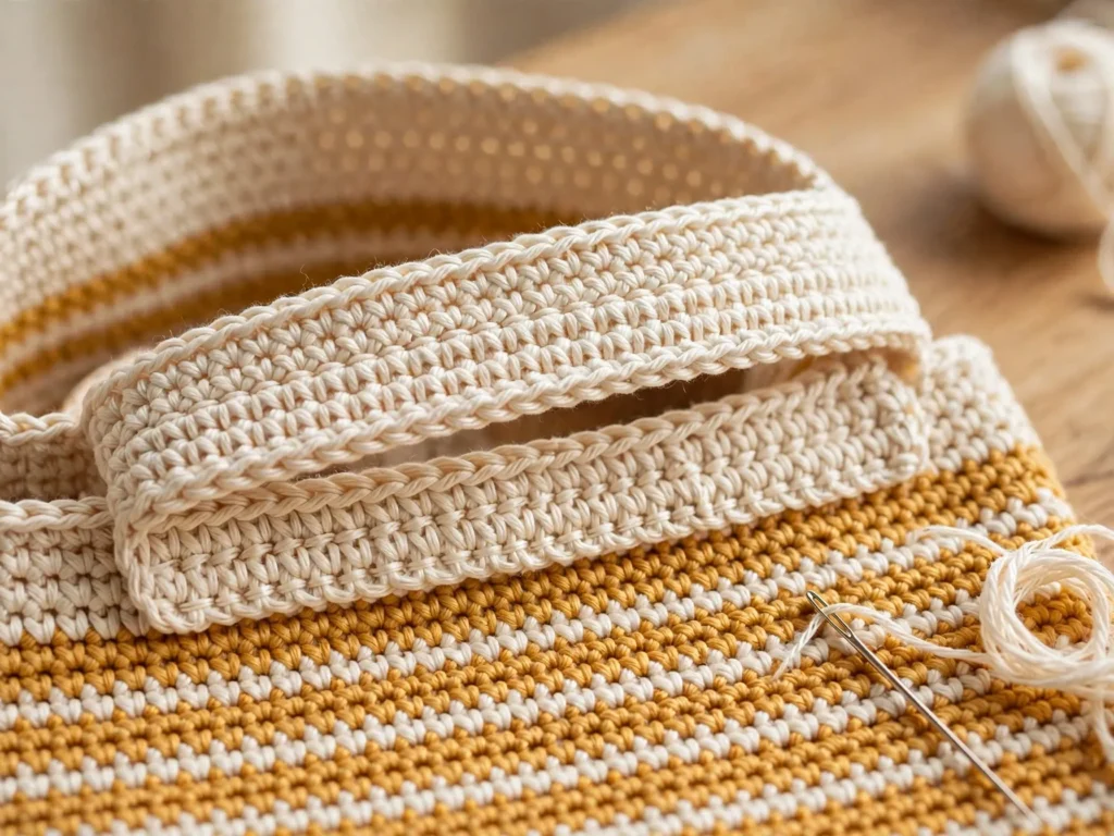 Close-up of a crochet handle sewn onto the border of the free crochet simple tote bag