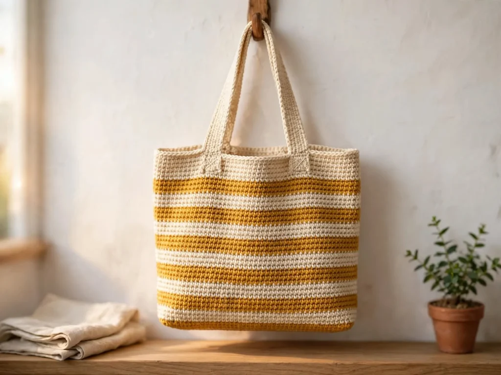 Free crochet simple tote bag in mustard and cream stripes