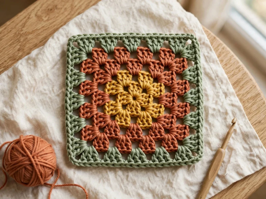 Finished crochet granny square in mustard, terracotta and sage green for the classic granny square bag