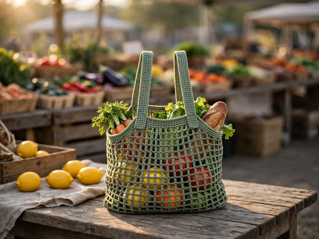 Free crochet market bag pattern: sage green mesh bag filled with fresh produce