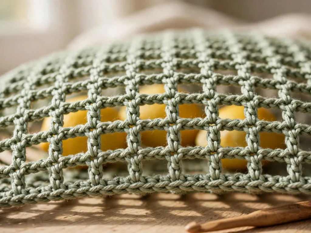 Close-up of the mesh stitch for the free crochet market bag pattern