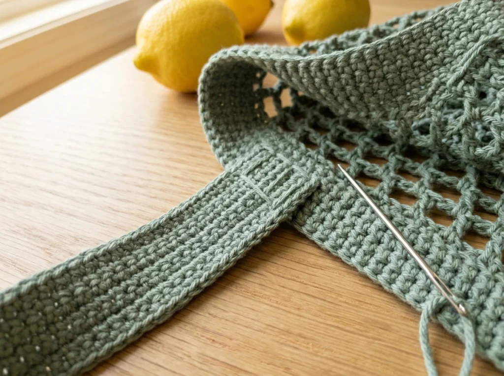 Close-up of a crochet strap sewn onto the rim of the free crochet market bag