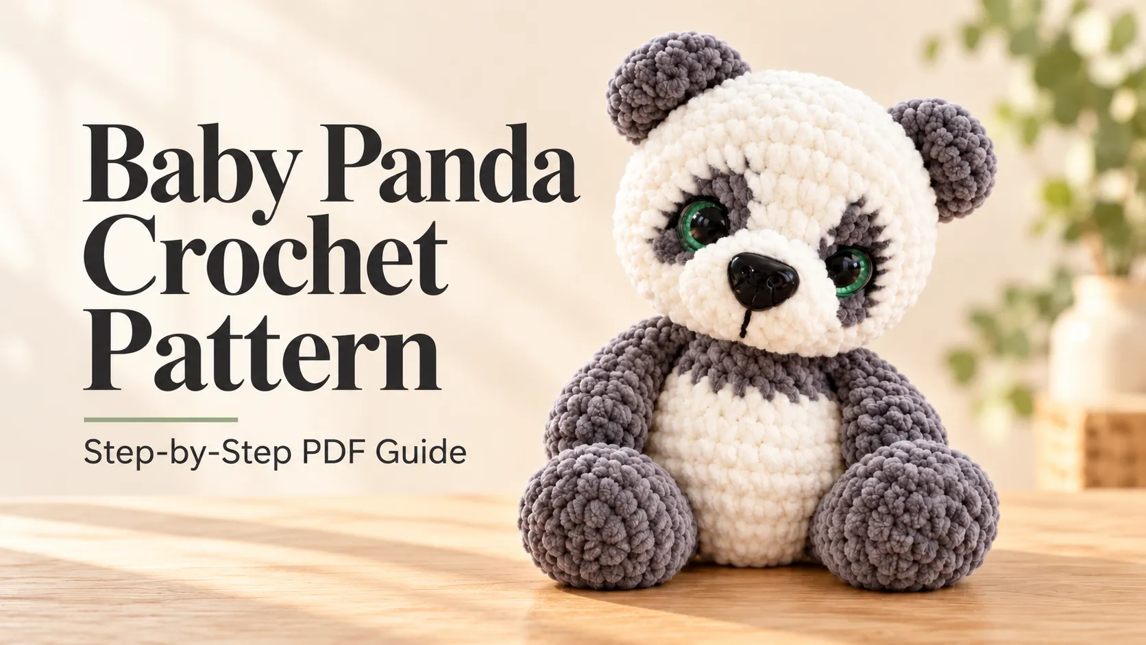 Baby Panda Crochet Pattern cover featuring a cream and gray plush panda and the text “Step-by-Step PDF Guide''
