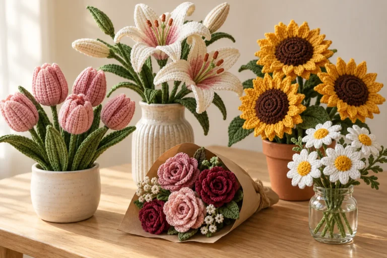 Crochet tulips, lilies, roses, sunflowers, and daisies arranged in decorative pots and bouquets on a wooden table.