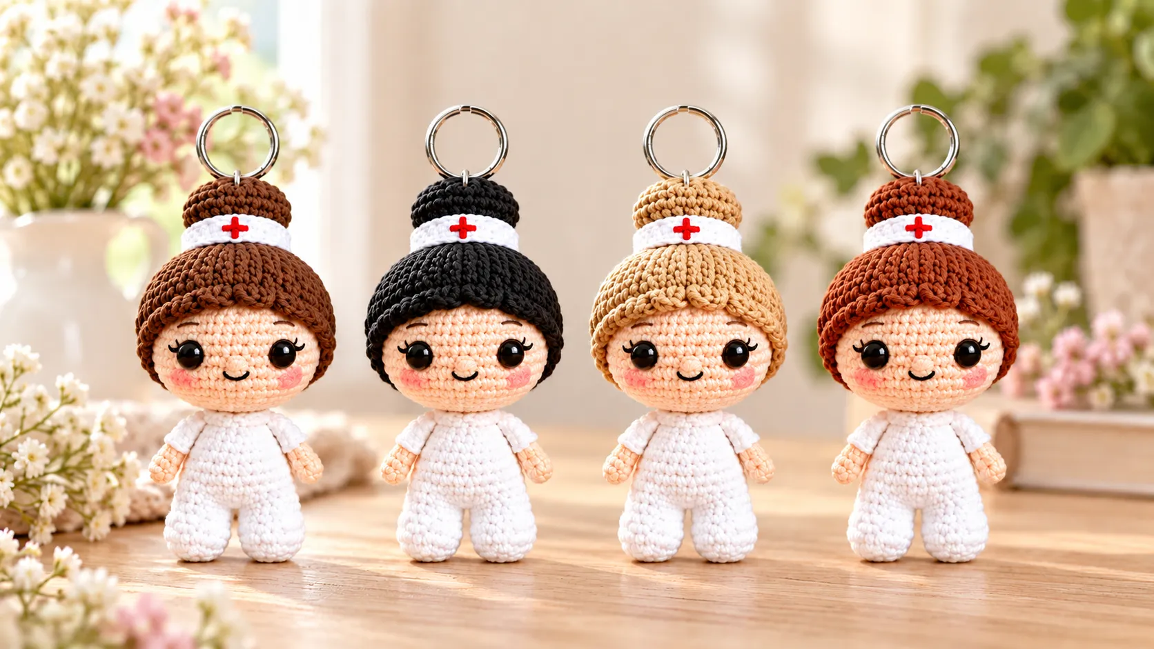 Four Nurse Keychain Crochet Pattern with white uniforms, silver keyrings, and brown, black, blonde, and copper hair.