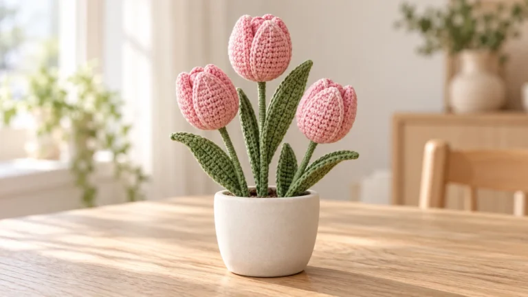 Crochet tulip flower pot with three blush pink tulips and green leaves in a cream ceramic container.