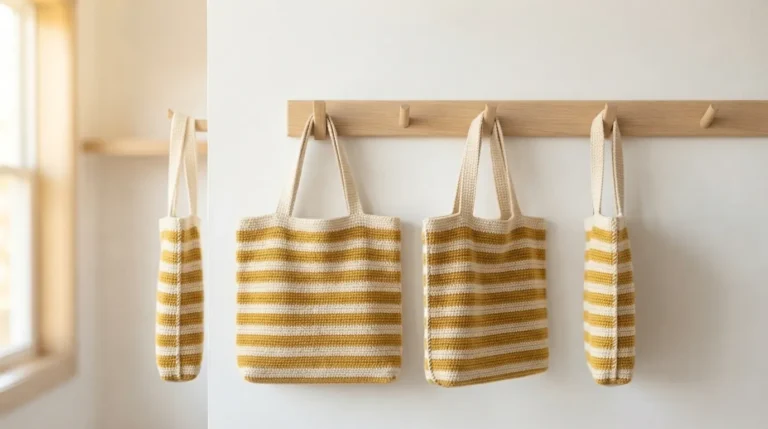 Free crochet simple tote bag pattern shown from the front, side and three-quarter views
