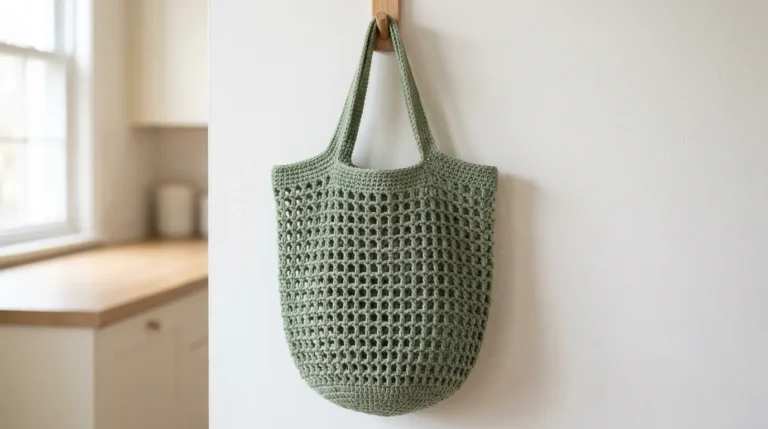 Free crochet market bag pattern: sage green mesh bag hanging in a kitchen