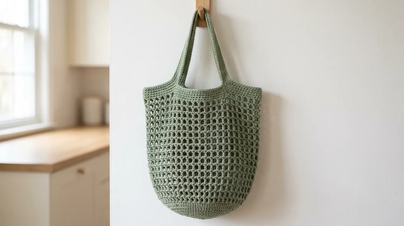 Free crochet market bag pattern: sage green mesh bag hanging in a kitchen